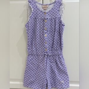 2/$20 Juicy Couture Girls Romper M 7-8 Purple Floral Ruffle Gold Logo Cotton